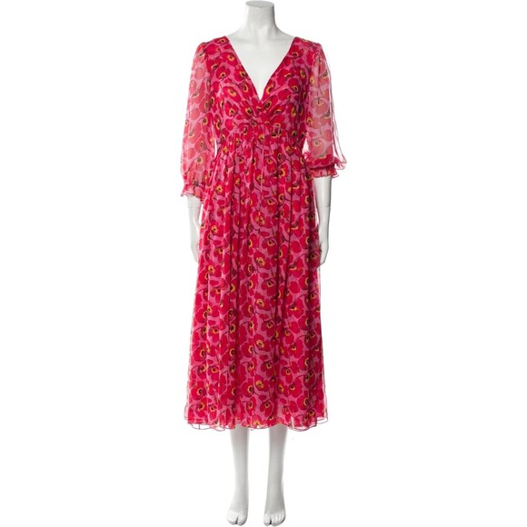 NWT. $2690 Carolina Herrera Silk Floral V-Neck Waist-Tie Midi Dress Sz 6 - Picture 7 of 11